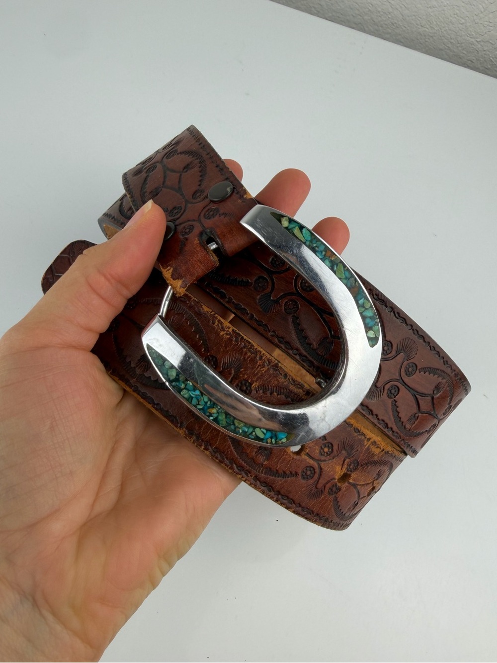 Turquoise and Silver Leather Belt Brown 36